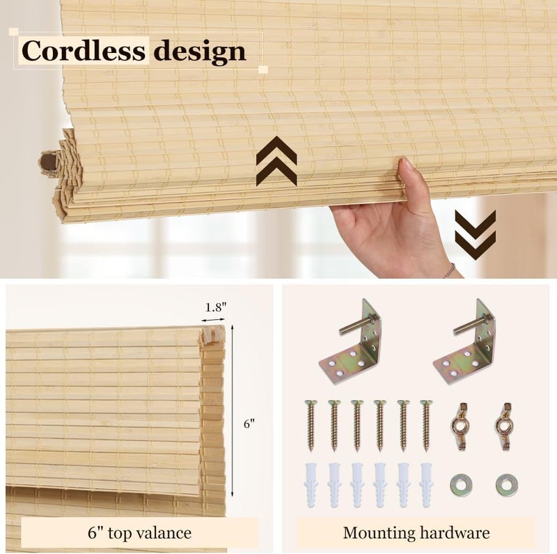 LUCKUP Cordless Bamboo Roman Blinds Shades for Indoor Windows-Blackout Room Darkening Roman Blinds with 6" Valance Cover Enhanced Privacy, 26" W x 64" H - Image 4